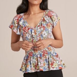 132. Dannii Minogue Petites 6P Shirred V-Neck Bodice Floral Top Blouse